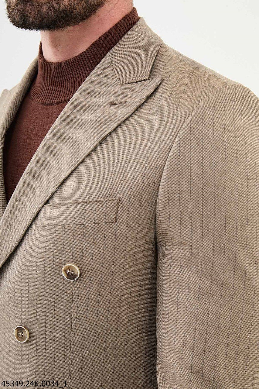 Brabion Diego Beige 2 Piece Double Breasted Pinstripe Wool Suit