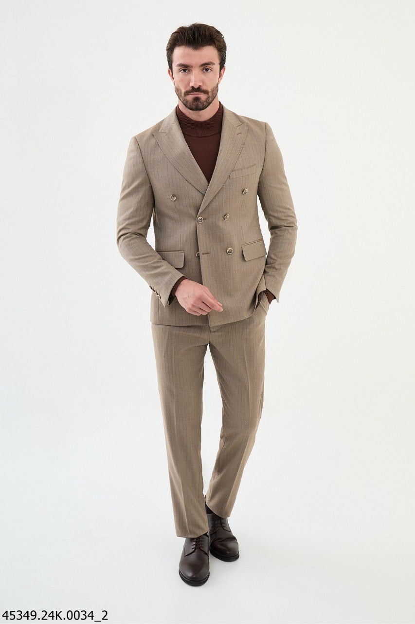 Brabion Diego Beige 2 Piece Double Breasted Pinstripe Wool Suit