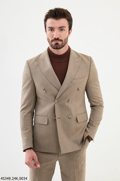 Brabion Diego Beige 2 Piece Double Breasted Pinstripe Wool Suit