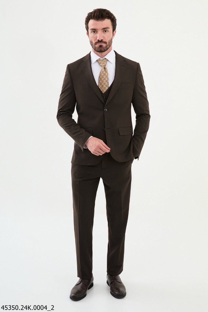 Brabion Diego Coffee Brown 3 Piece Plaid Wool Suit