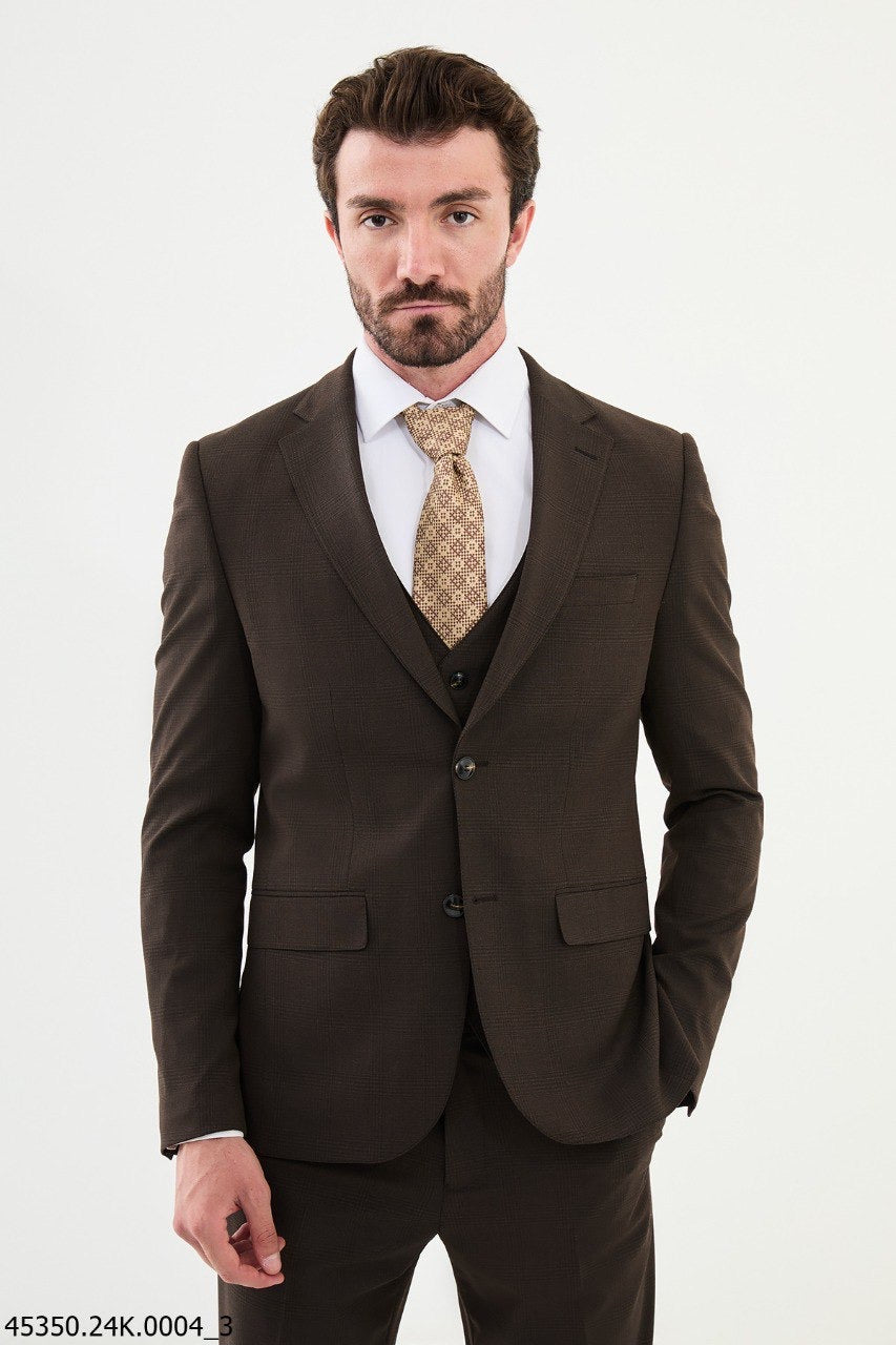 Brabion Diego Coffee Brown 3 Piece Plaid Wool Suit