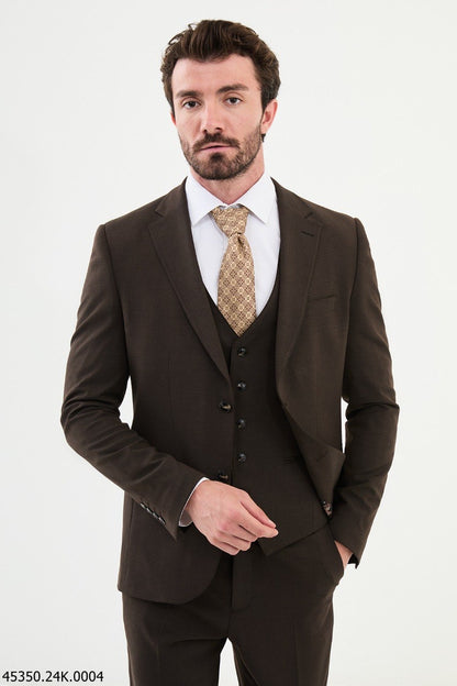 Brabion Diego Coffee Brown 3 Piece Plaid Wool Suit