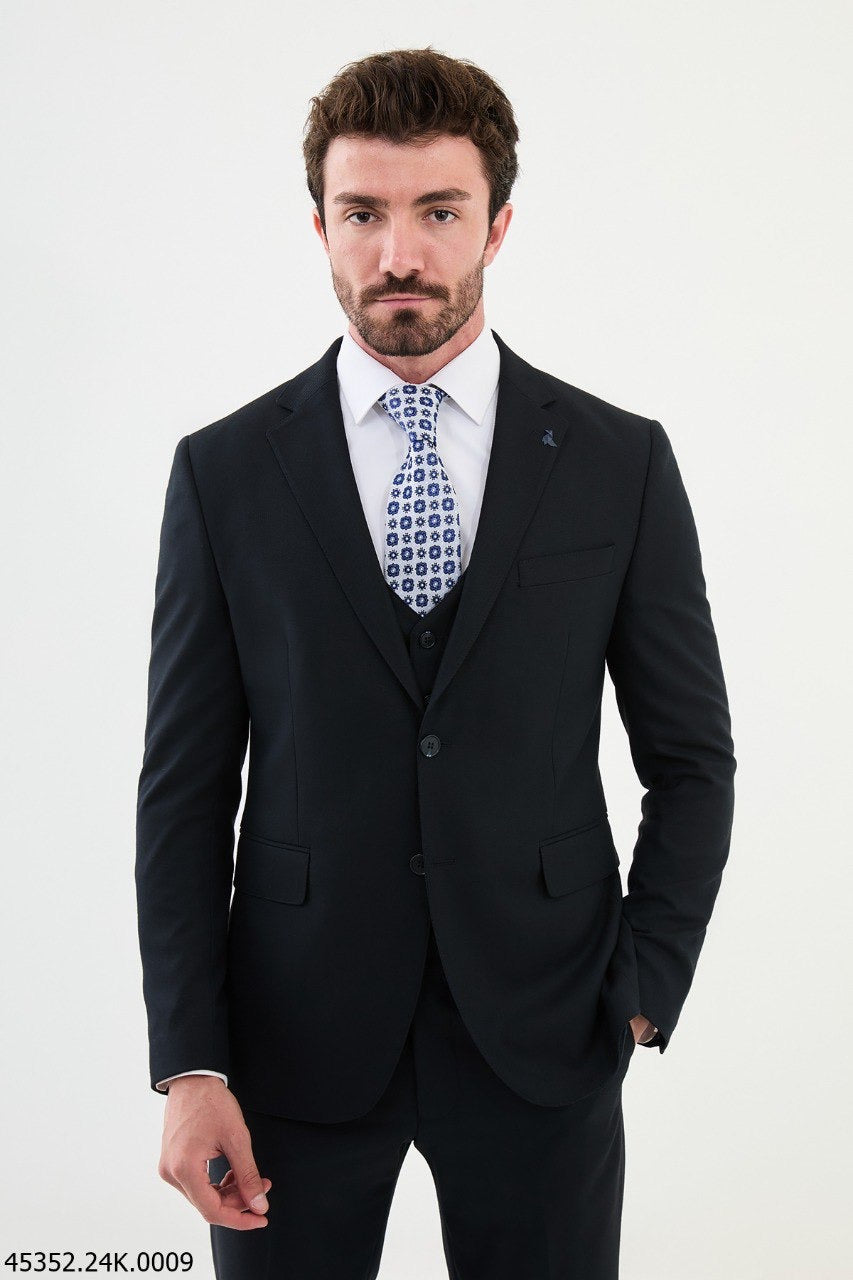 Brabion Diego Dark Blue 3 Piece Notch Lapel Wool Suit