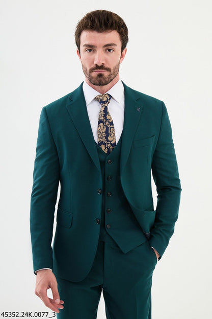 Brabion Diego Green Three-Piece Notch Lapel Wool Suit for Modern Men