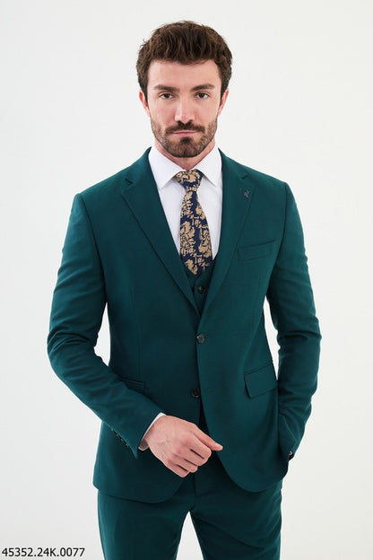 Brabion Diego Green Three-Piece Notch Lapel Wool Suit for Modern Men