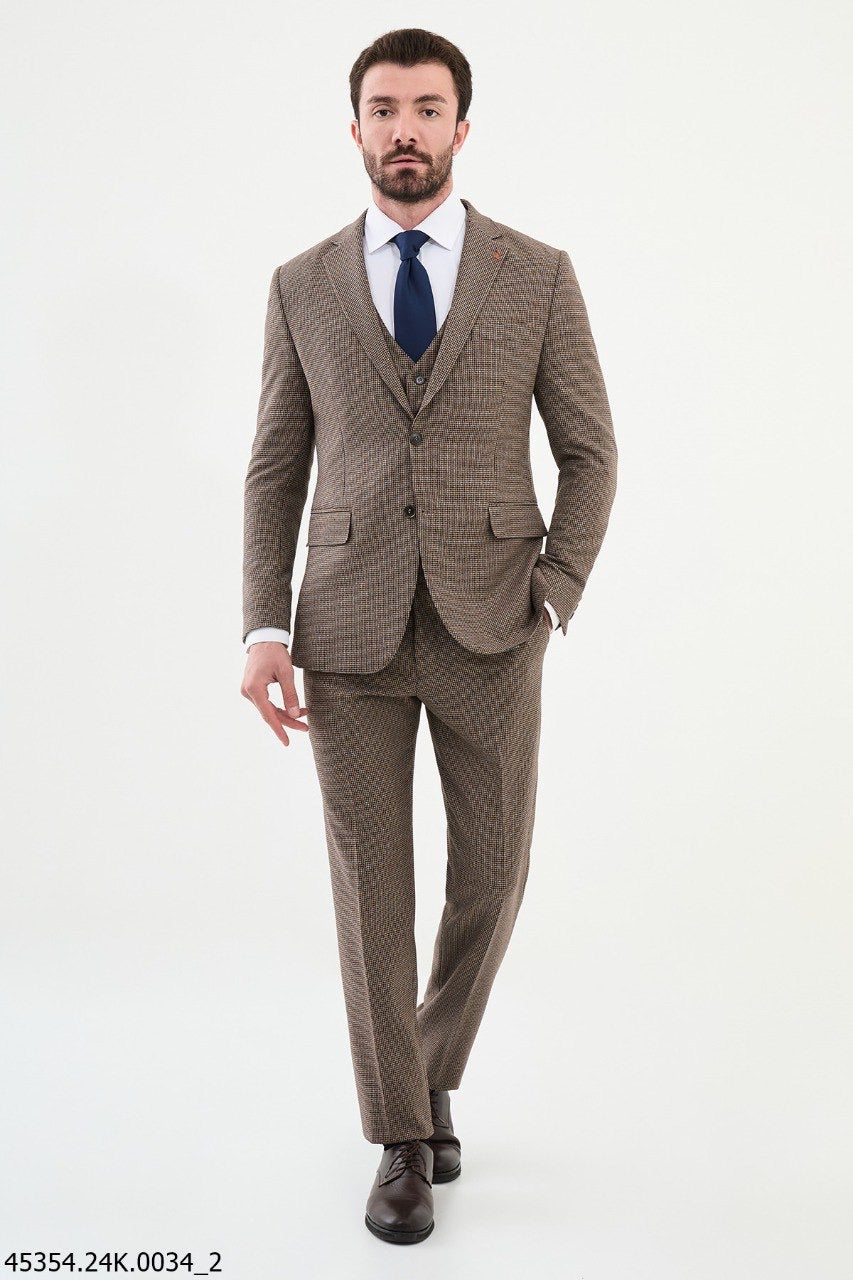 Brabion Diego Navy Brown 3 Piece Shepherd's Check Wool Suit