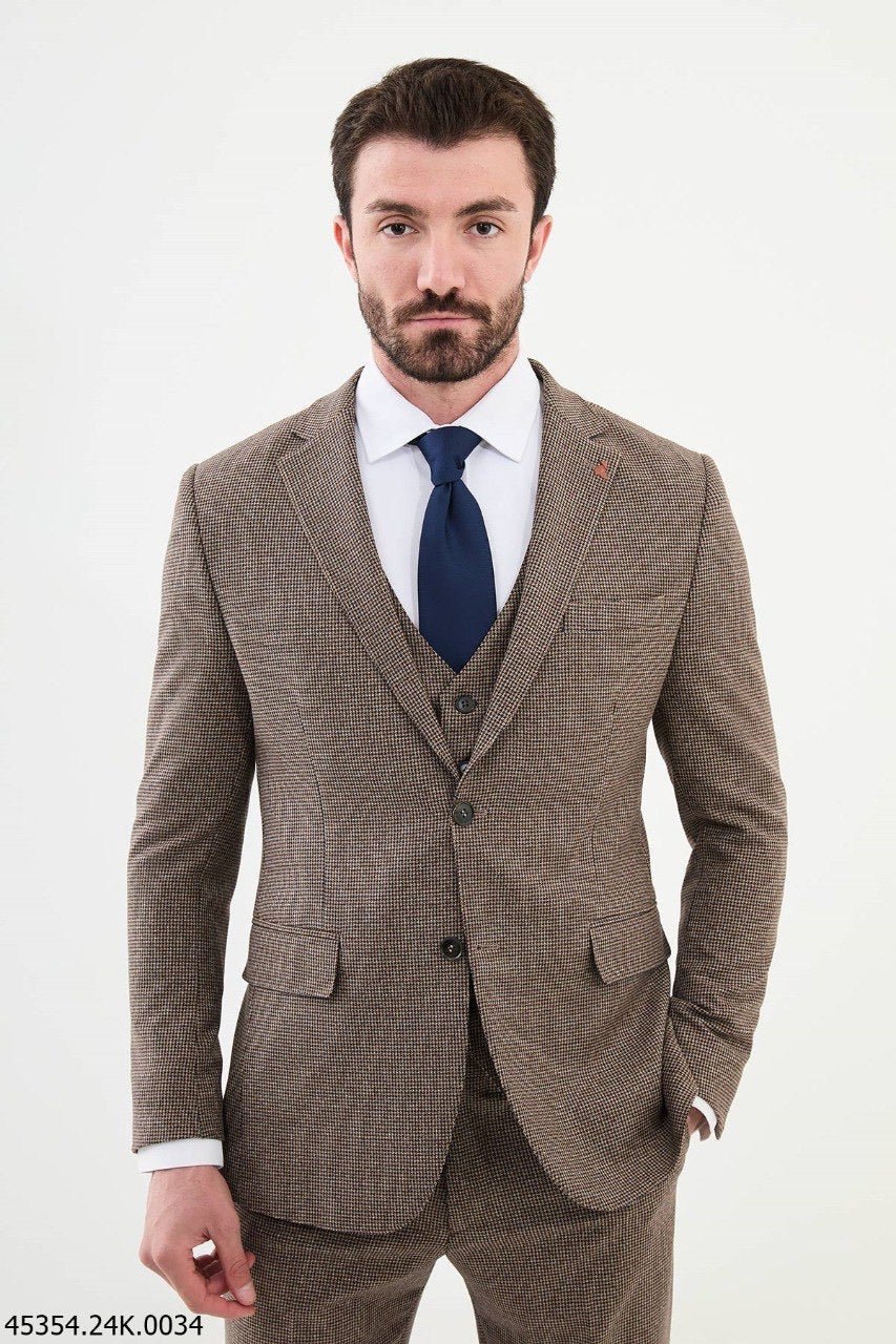 Brabion Diego Navy Brown 3 Piece Shepherd's Check Wool Suit