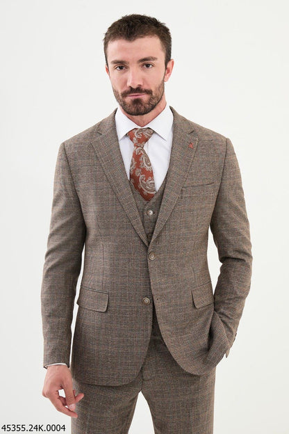 Brabion Diego Camel 3 Piece Glen Check Wool Suit