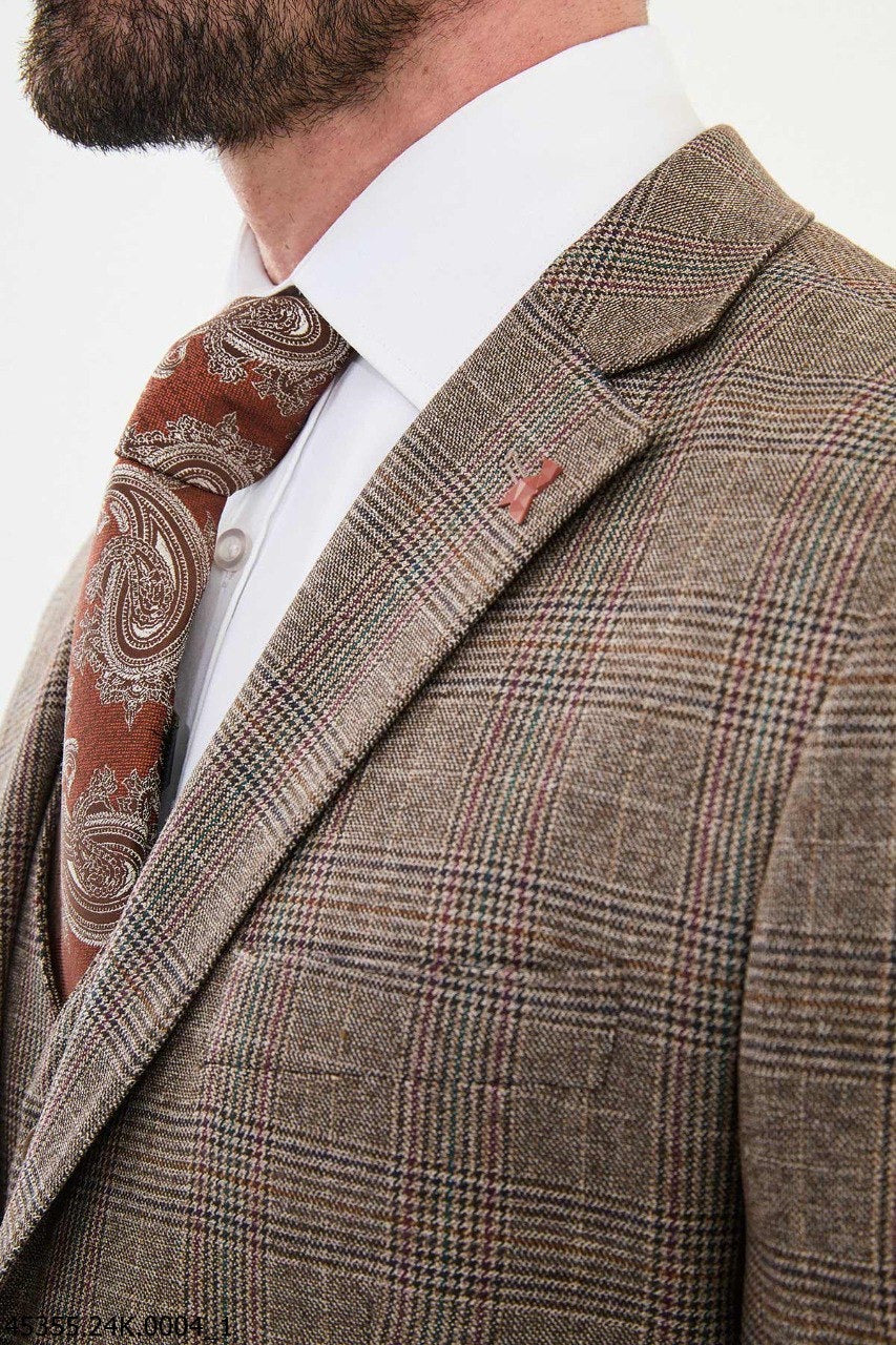 Brabion Diego Camel 3 Piece Glen Check Wool Suit