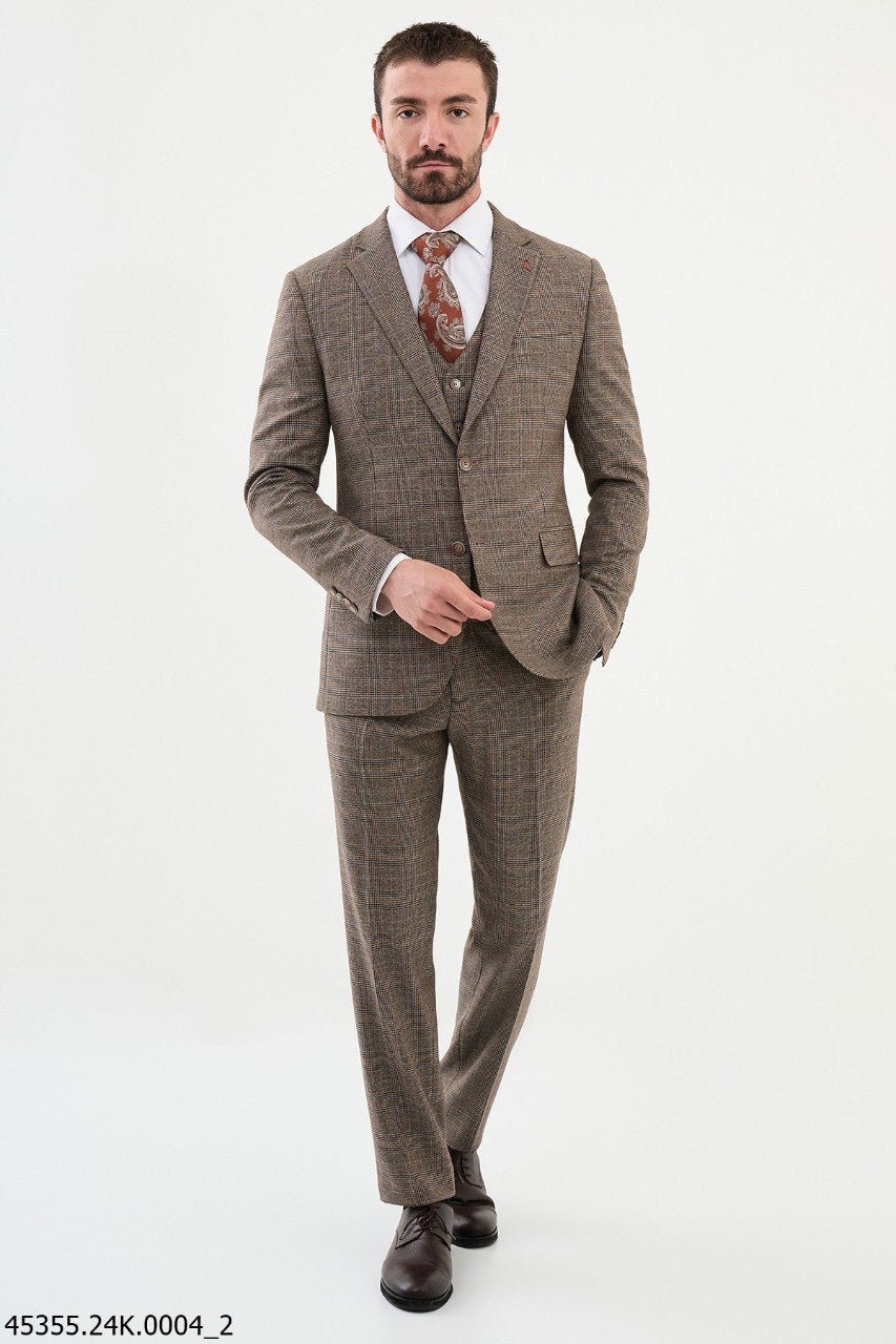 Brabion Diego Navy Khaki 3 Piece Shepherd’s Check Wool Suit