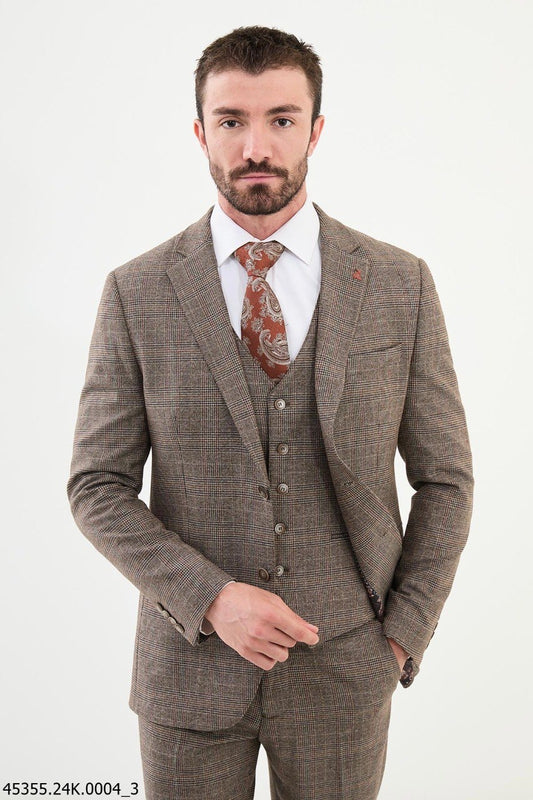 Brabion Diego Camel 3 Piece Glen Check Wool Suit