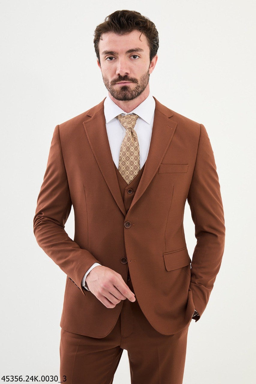 Brabion Diego Rust Brown Notch Lapel 3 Piece Wool Suit