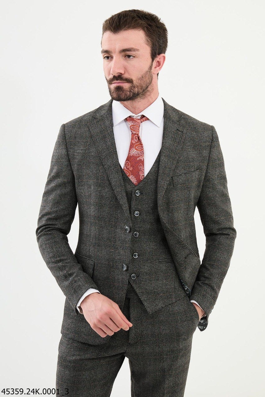 Brabion Diego Black 3 Piece Glen Check Wool Suit