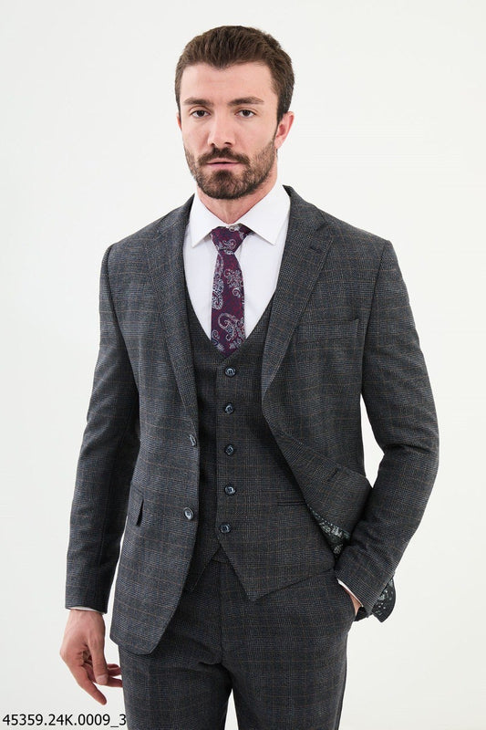 Brabion Diego Dark Blue 3 Piece Glen Check Wool Suit