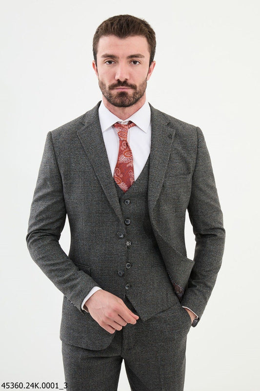 Brabion Diego Dark Gray 3 Piece Glen Check Wool Suit