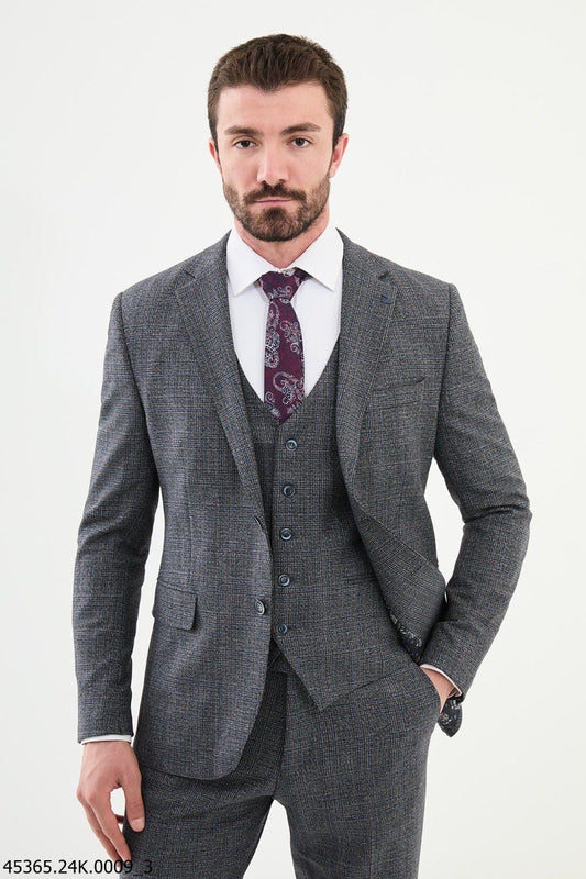 Brabion Diego Dark Blue 3 Piece Glen Plaid Wool Suit