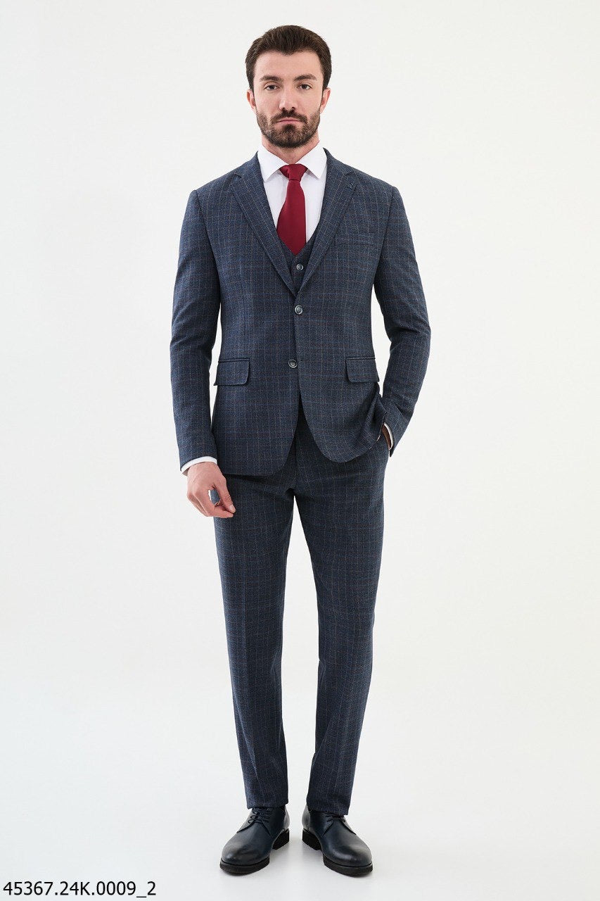 Brabion Diego Navy Blue 3 Piece Tattersall Wool Suit for Modern Men