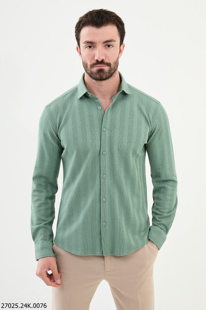 Brabion James Light Green Slim Fit Striped Cotton Shirt