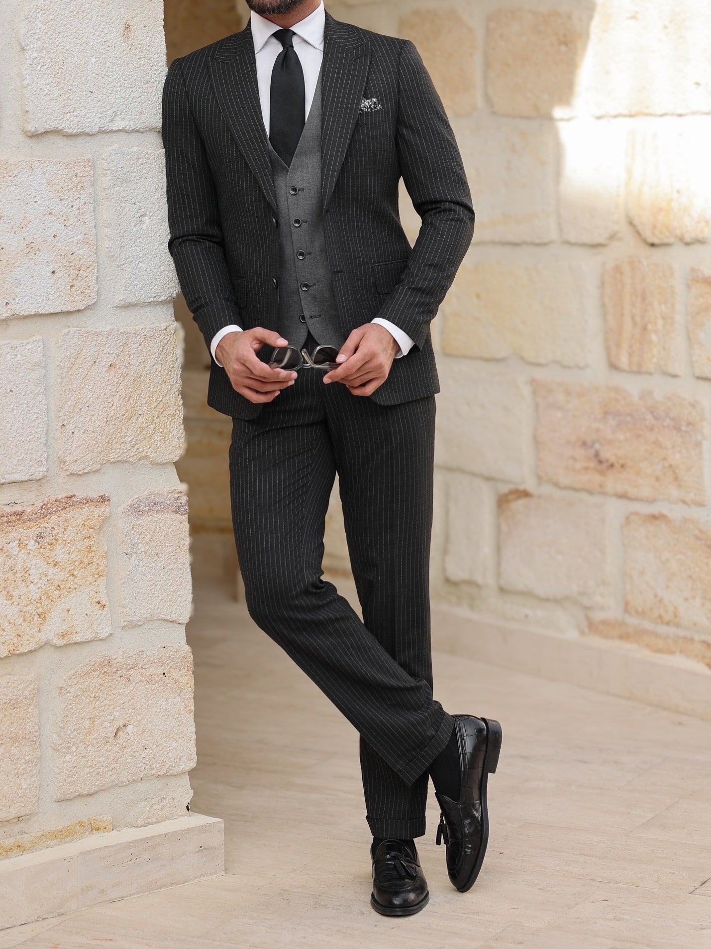 Black Double-Sided Vest Suit 3-Piece VIOSSI
