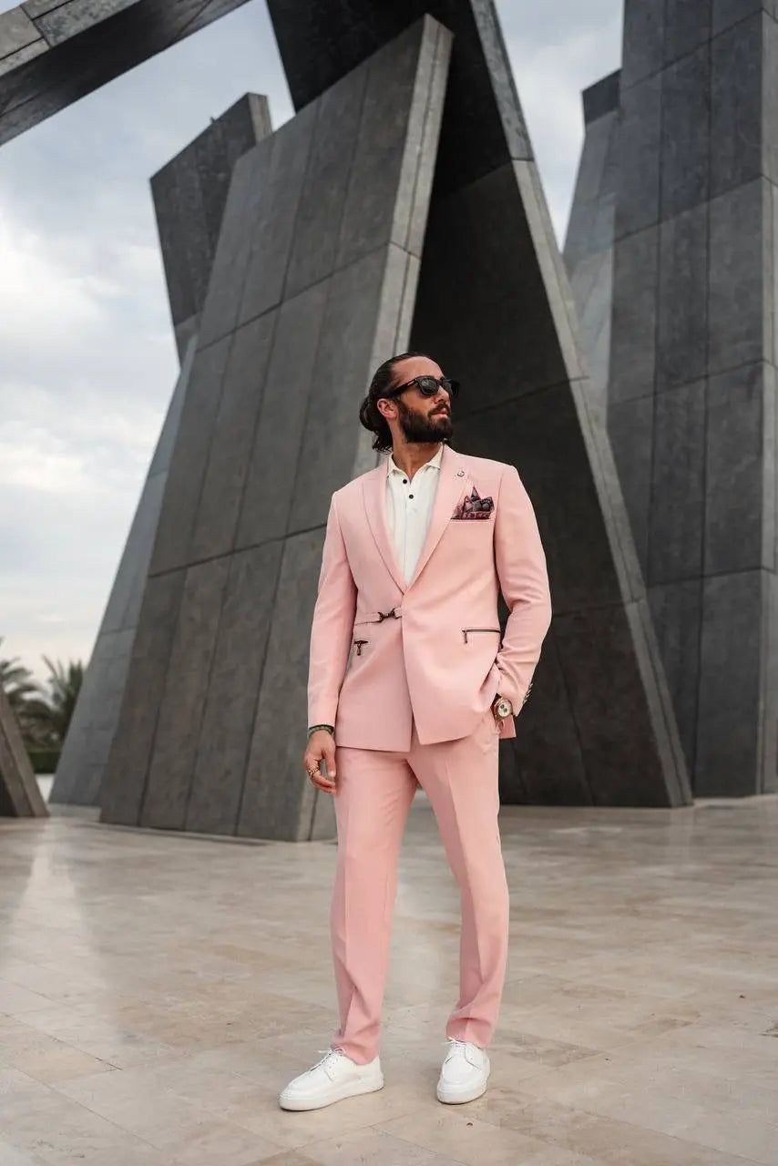 pink dress suit men Men Suit Double Breasted Pink 2PCS Party Prom Dinner Groom Tuxedo Wedding Suit