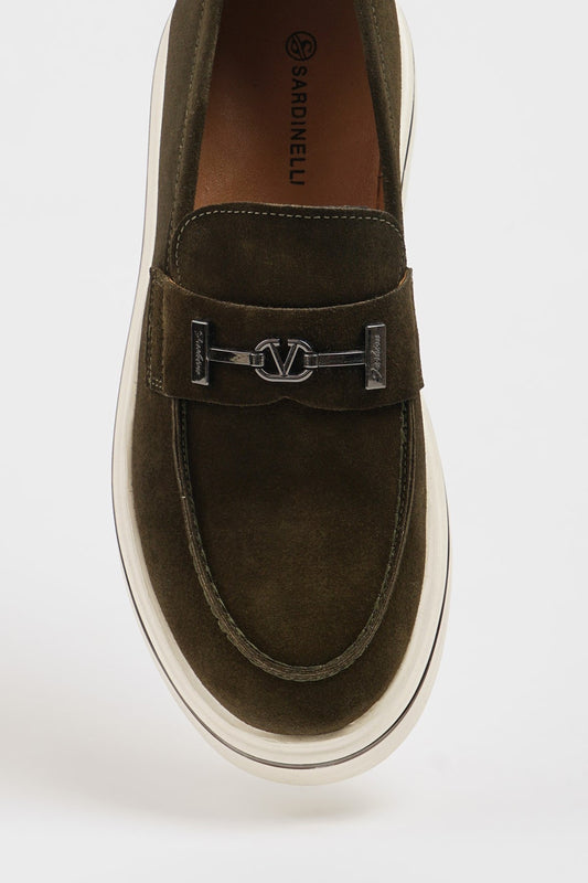 Maison Khaki Nubuck Leather Casual Loafers with Buckle Detail
