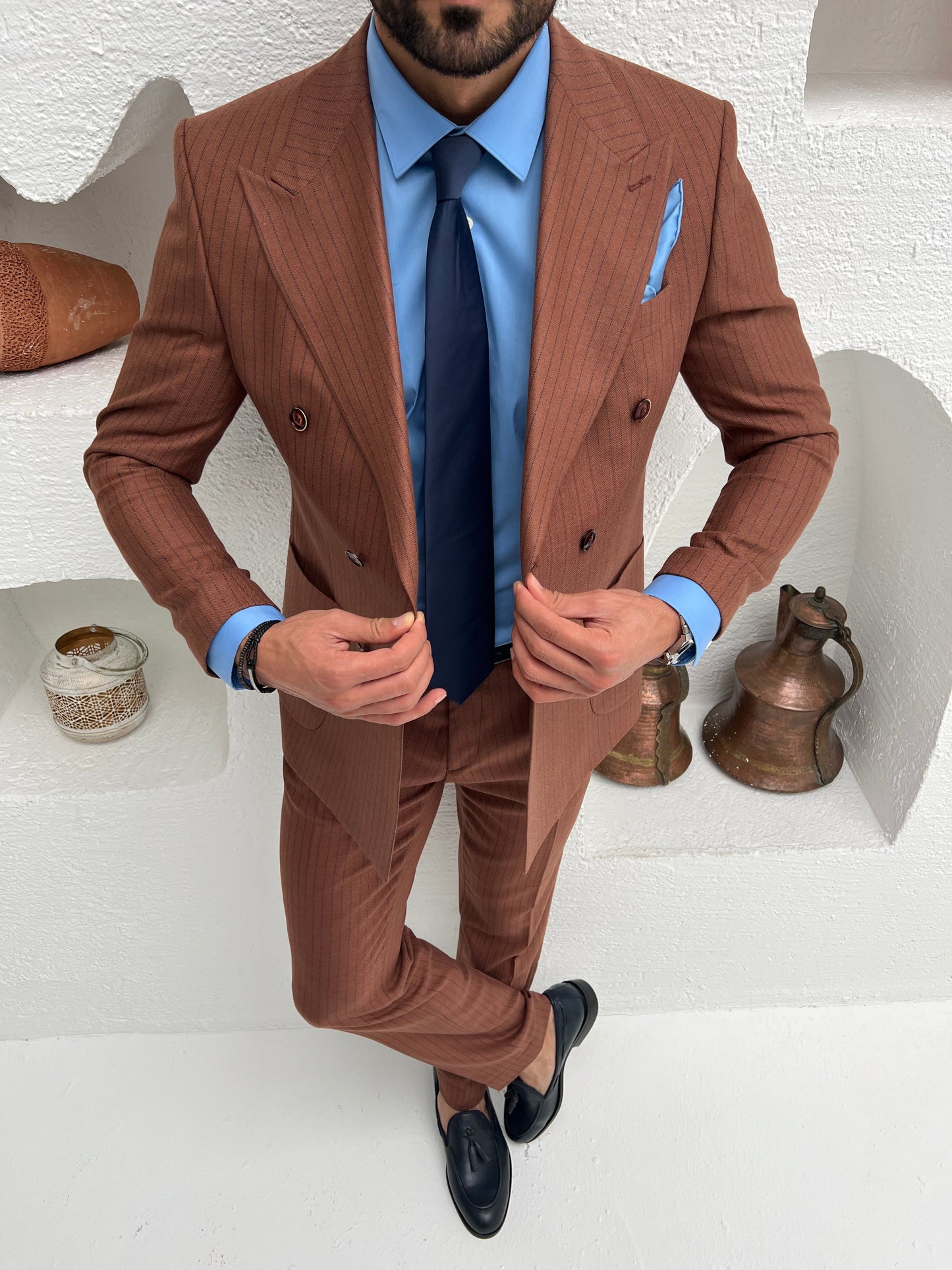 Brown Striped Double Breasted Suit 2-Piece VIOSSI
