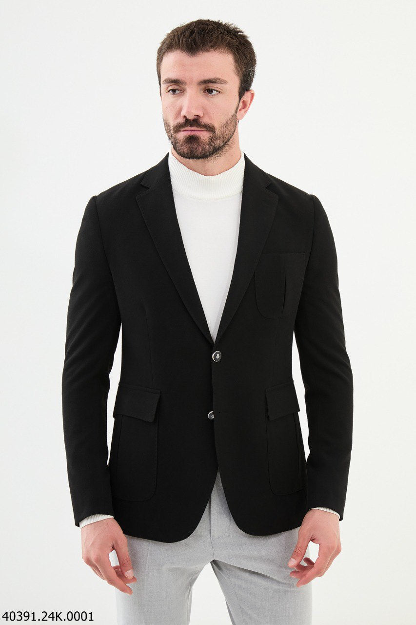 Brabion James Black Slim Fit Notch Lapel Wool Blazer