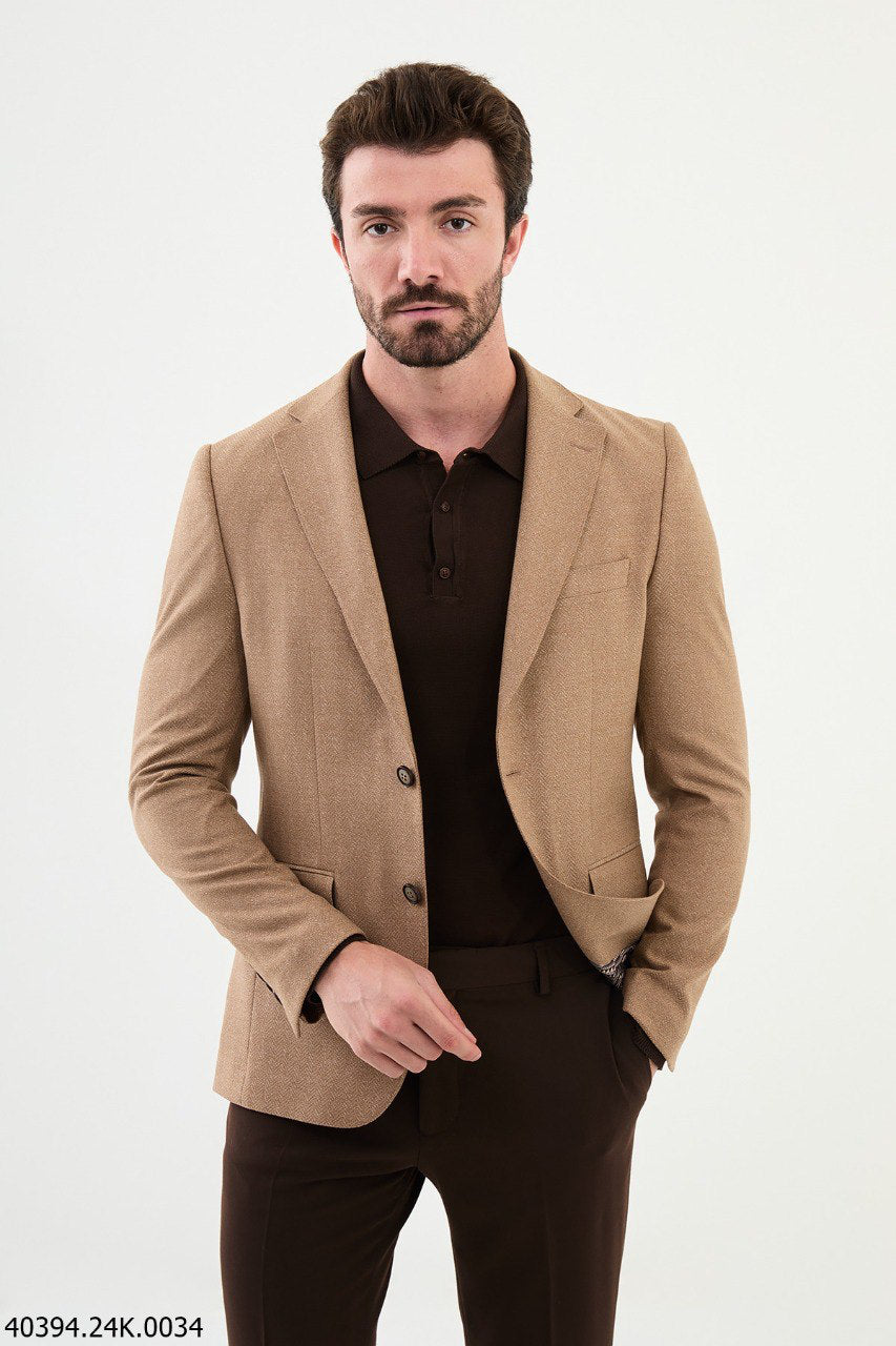 Brabion James Beige Slim Fit Notch Lapel Blazer