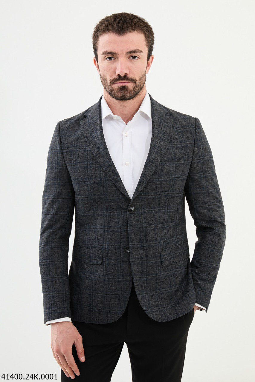 Brabion Dante Black Slim Fit Notch Lapel Plaid Wool Blazer