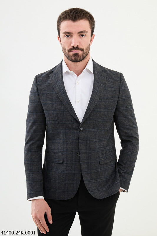 Brabion Dante Black Slim Fit Notch Lapel Plaid Wool Blazer