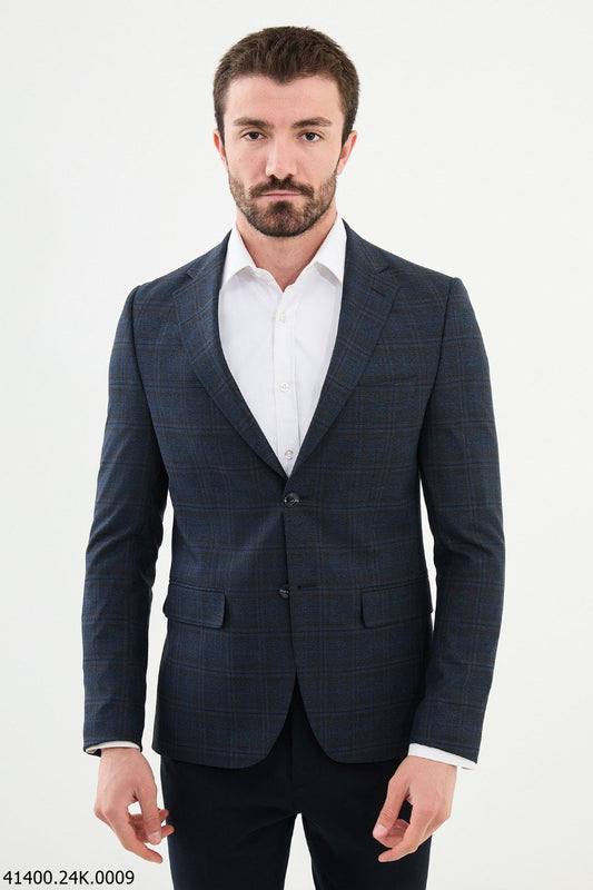 Brabion Dante Navy Blue Slim Fit Plaid Wool Blazer