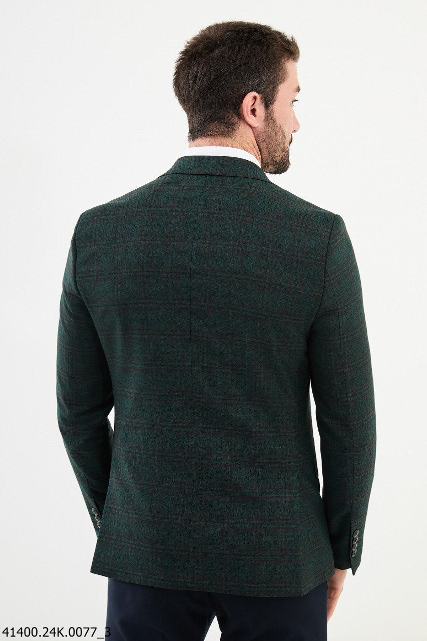 Brabion Dante Green Slim Fit Notch Lapel Plaid Wool Blazer