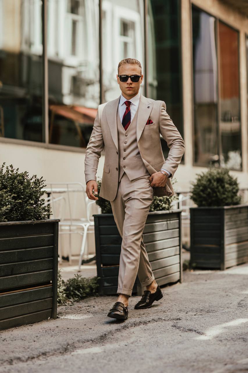 Beige Striped Slim-Fit Suit 3-Piece VIOSSI