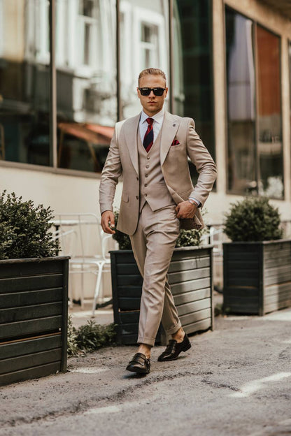 Beige Striped Slim-Fit Suit 3-Piece VIOSSI