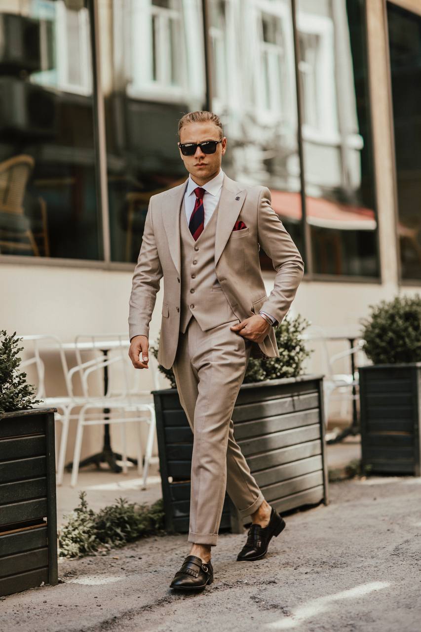 Beige Striped Slim-Fit Suit 3-Piece VIOSSI