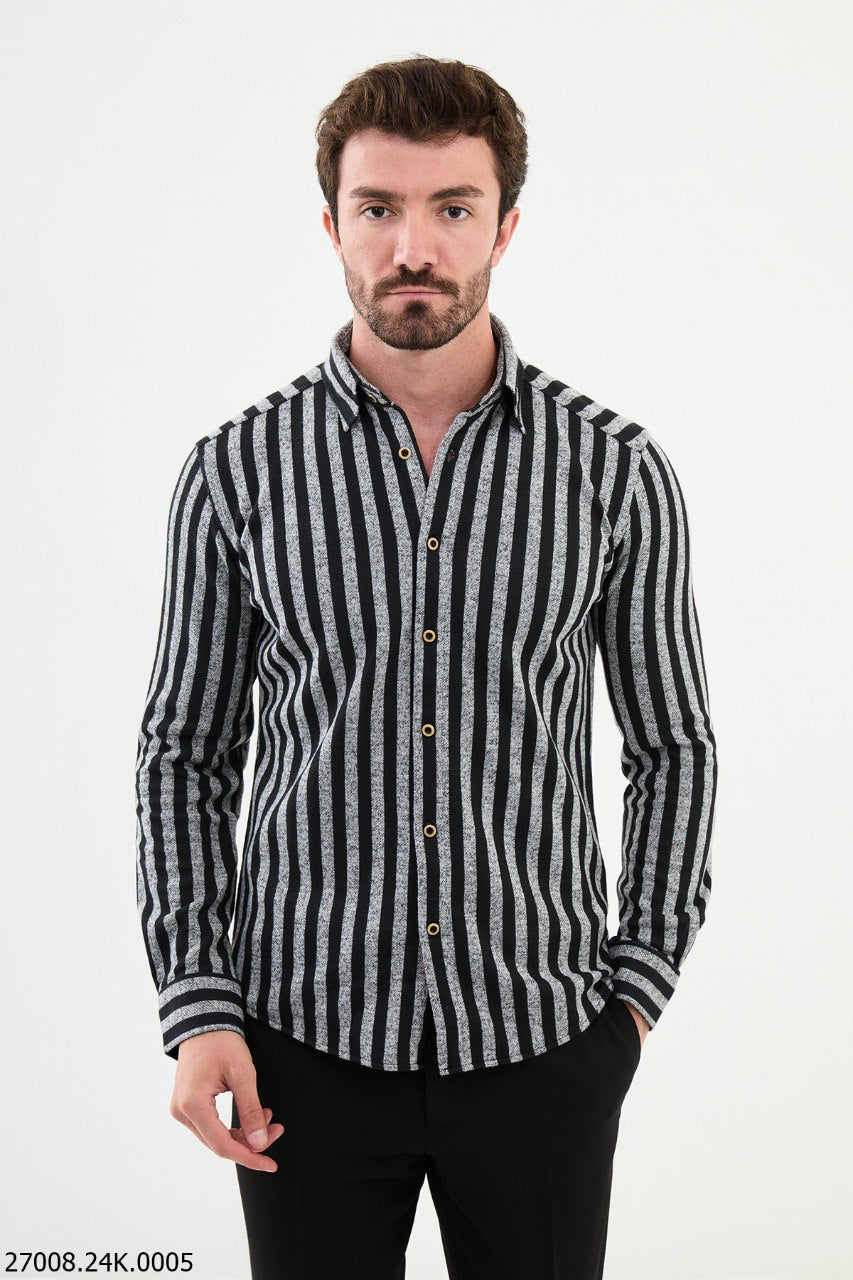 Brabion Nico Gray Black Slim Fit Striped Shirt