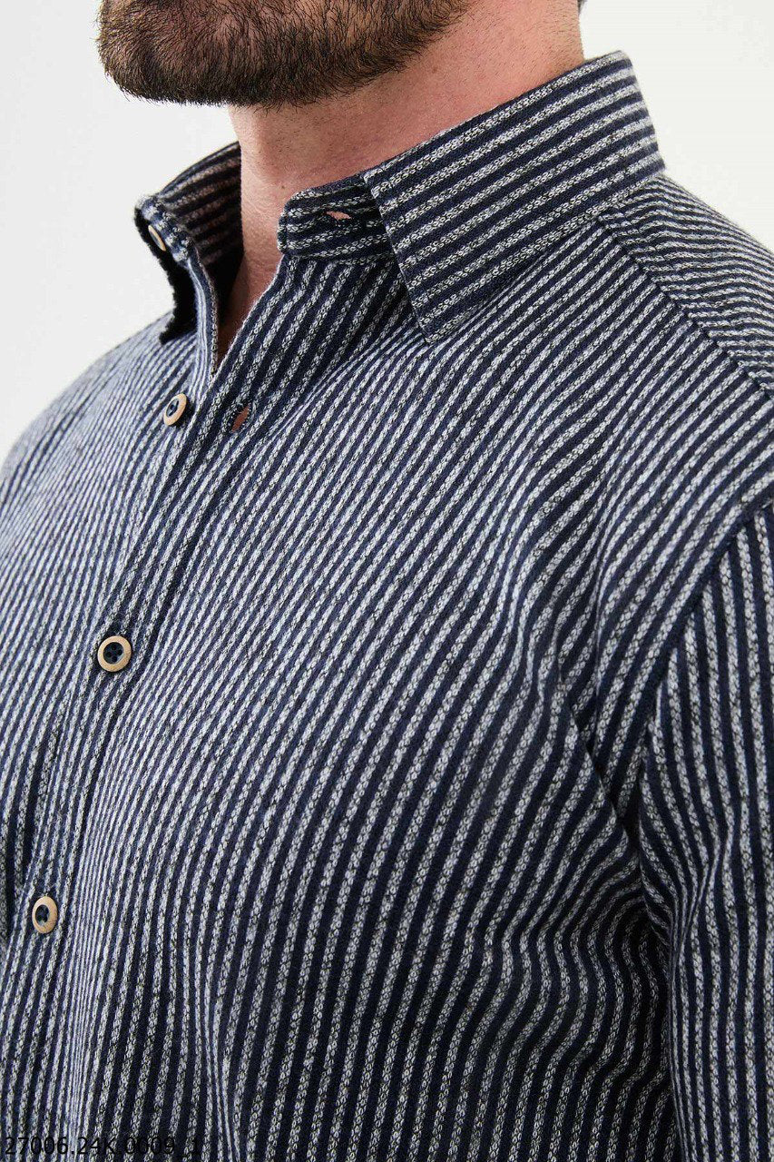 Brabion Nico Navy Blue Slim Fit Striped Wool Shirt