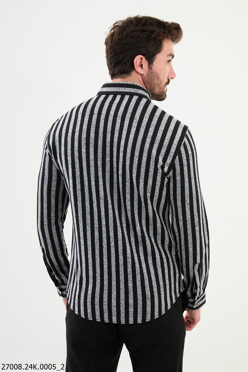 Brabion Nico Gray Black Slim Fit Striped Shirt