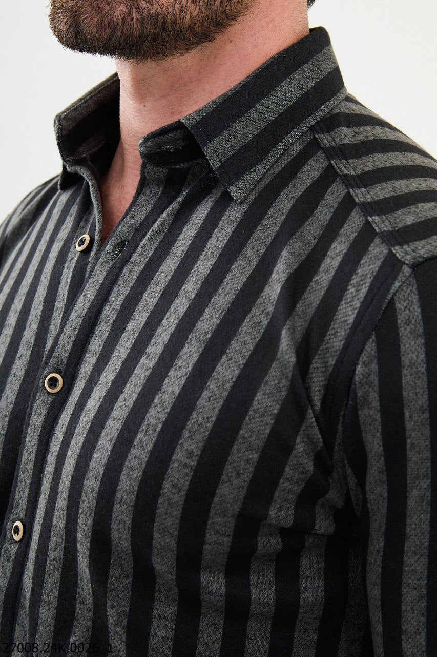 Brabion Nico Khaki Black Slim Fit Striped Shirt