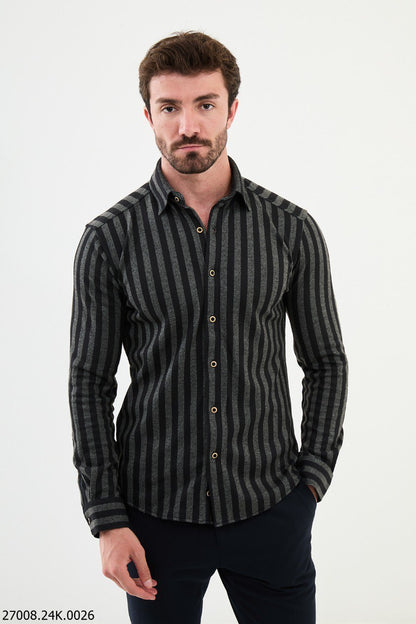 Brabion Nico Khaki Black Slim Fit Striped Shirt