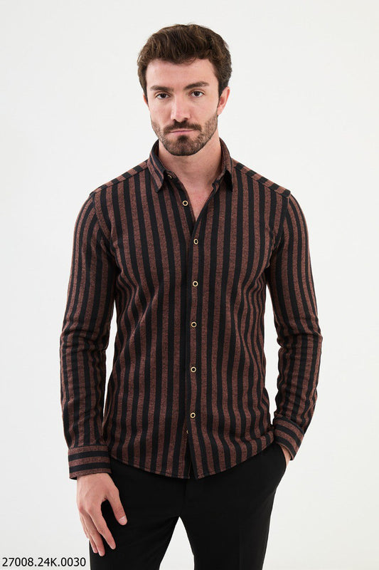 Brabion Nico Rust Black Slim Fit Striped Shirt