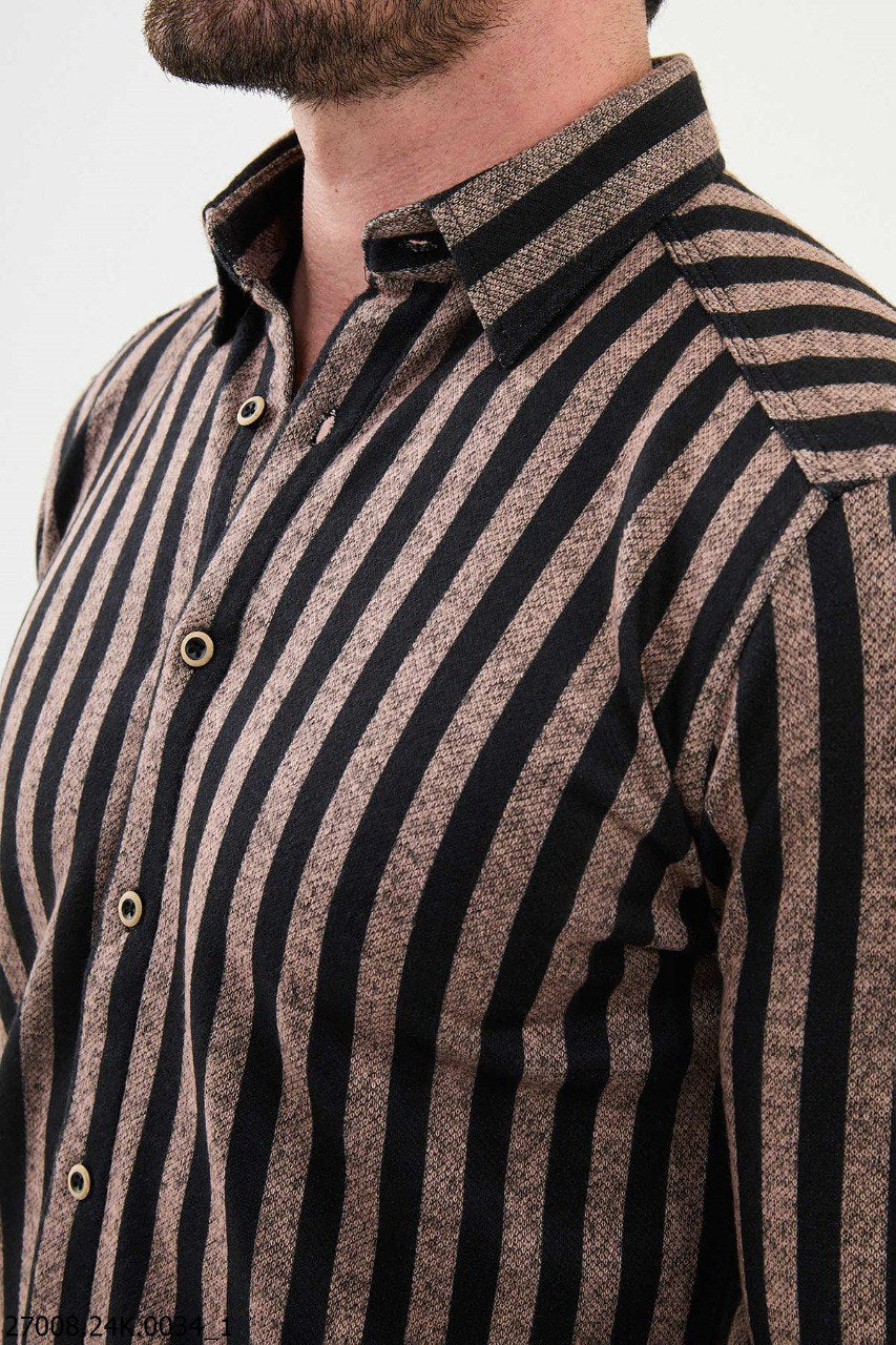 Brabion Nico Beige Black Slim Fit Striped Shirt