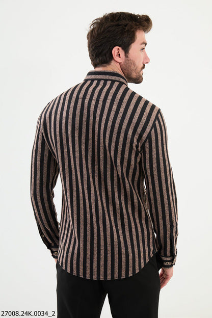 Brabion Nico Beige Black Slim Fit Striped Shirt