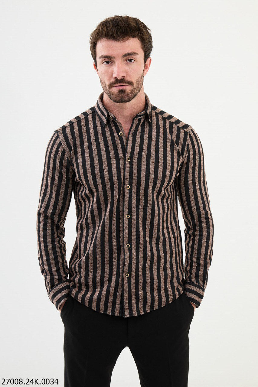 Brabion Nico Beige Black Slim Fit Striped Shirt