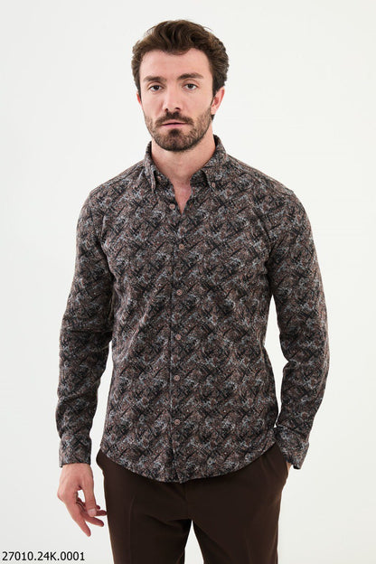 Brabion Nico Black Slim Fit Patterned Wool Shirt