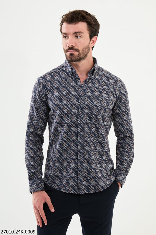 Brabion Nico Navy Blue Slim Fit Patterned Wool Shirt