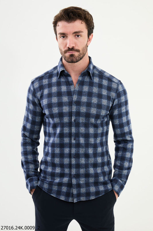 Brabion James Navy Blue Slim Fit Checked Wool Shirt