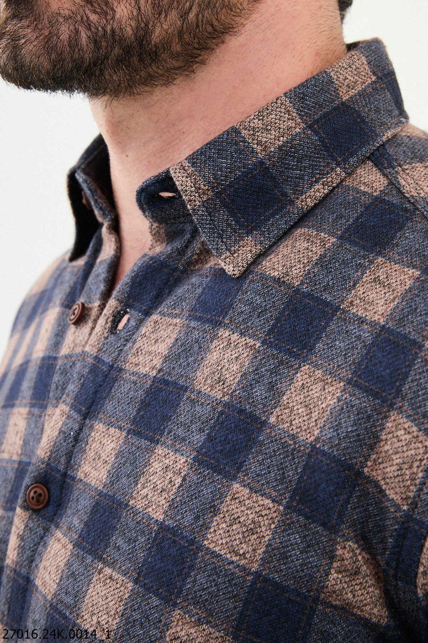 Brabion James Camel Slim Fit Checked Wool Shirt