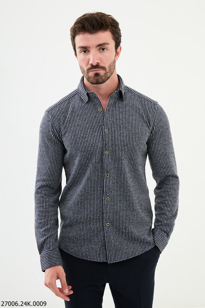 Brabion Nico Navy Blue Slim Fit Striped Wool Shirt