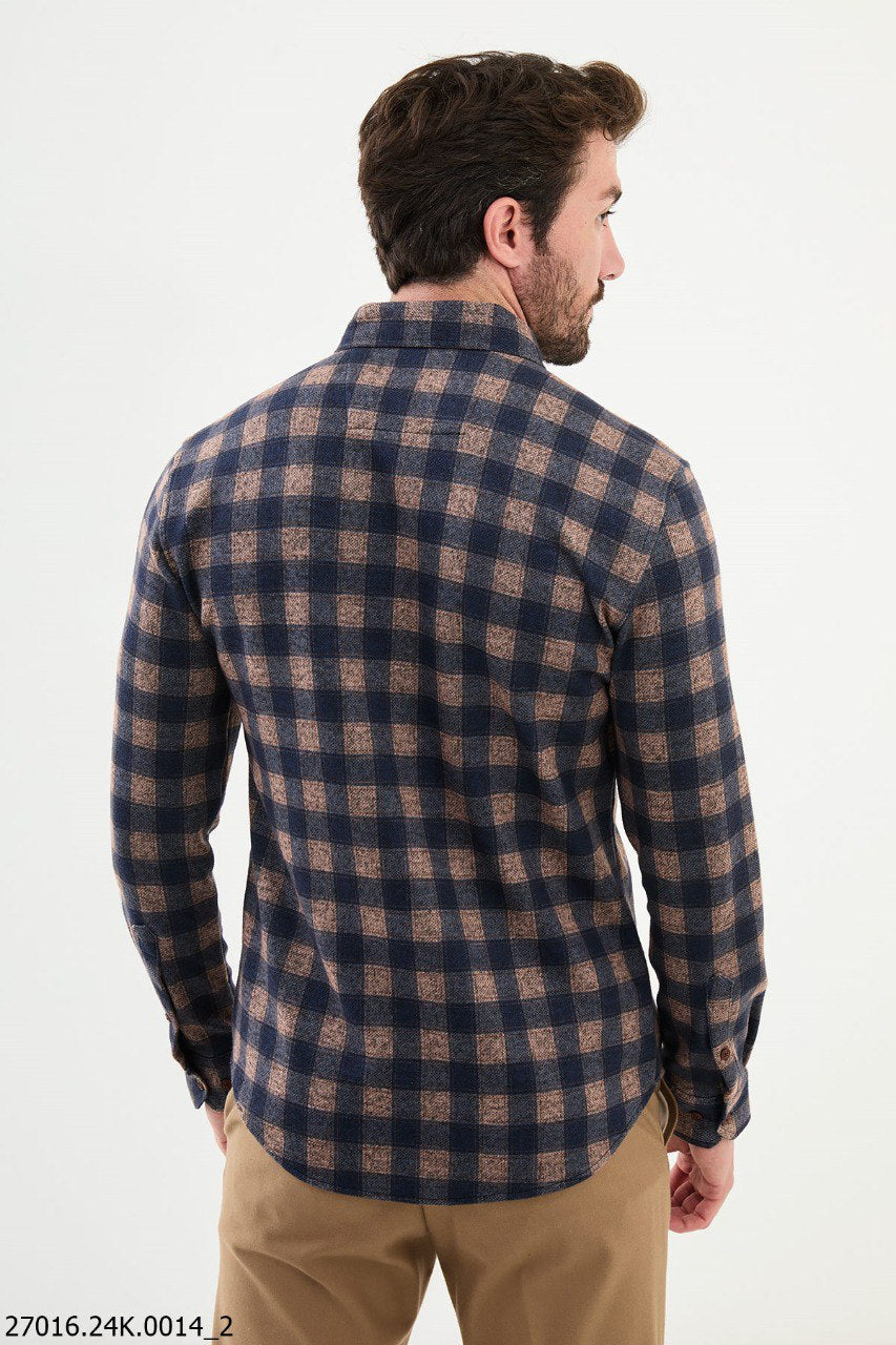 Brabion James Camel Slim Fit Checked Wool Shirt